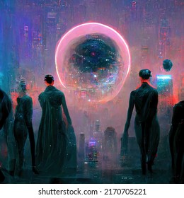 Concept Art Of People Looking At A Spherical Portal Around A Technological Glow Connected To The Metaverse, Oculus, Glasses, Living In Virtual Digital Reality Cyberspace, People Walking