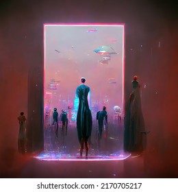 Concept Art Of A Person Entering A Futuristic Portal Around A Technological Glowing Door Connected To The Metaverse, Oculus, Glasses, Living In Virtual Digital Reality Cyberspace, People Walking