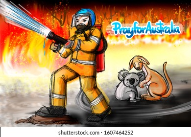 Concept Art - Pray For Australia. Drawn And Paint About Australian Bushfire In 2019. Firefighter Fight Blaze And Protect Koala With Kangaroo As Hero. Fire Storm Burning Surround Them.