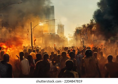 Concept Art Of Riots In An African City. Streets On Fire, Silhouettes Of Angry People Protesting In A Revolution. Wallpaper Background Showing Mob Violence And Destruction In This Digital Artwork.