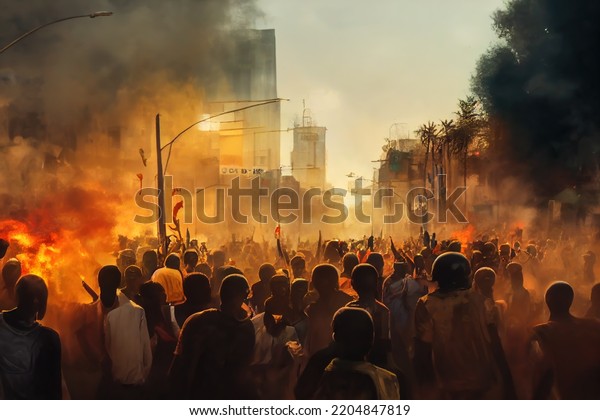 Concept art of riots in an African city. Streets\
on fire, silhouettes of angry people protesting in a revolution.\
Wallpaper background showing mob violence and destruction in this\
digital artwork.