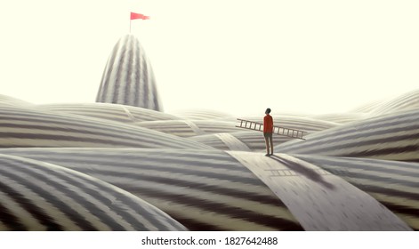 Concept Art Of  Success Hope Dream And Ambition , Surreal Landscape Painting, Man Looking At Flag On Mountain , Imagination Artwork