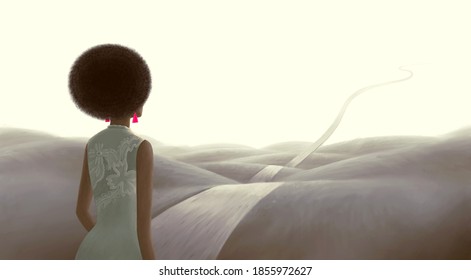 Concept Art Of  Success Hope Dream  Loneliness And Ambition , Surreal Landscape Painting, African Black Woman With Floating Road , Imagination Artwork, Conceptual Illustration, Lifestyle And Fashion