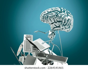 the concept of artificial intelligence in the form of a robot brain working on the creation of content on the Internet 3d render  illustration