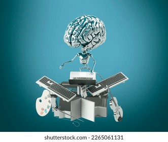 the concept of artificial intelligence in the form of a robot brain working on the creation of content on the Internet 3d render  illustration