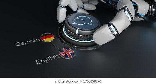 Concept Of Artificial Intelligence In Use As A Translator, German To English. 3d Illustration.