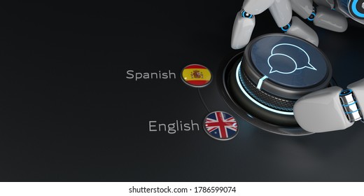 Concept Of Artificial Intelligence In Use As A Translator, Spanish To English. 3d Illustration.