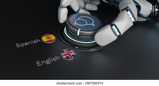 Concept Of Artificial Intelligence In Use As A Translator, Spanish To English. 3d Illustration.