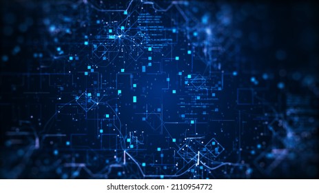 Concept Background Digital Technology. Cybersecurity Data Protection Has Binary Fractal Lightning Code. Dark Blue Background.