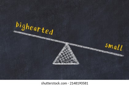 Concept of balance between bighearted and small. Black chalboard with sketch of scales and words on it