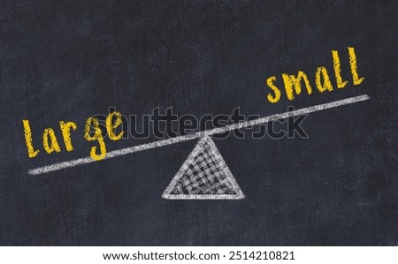 Concept of balance between large and small. Black chalboard with sketch of scales and words on it