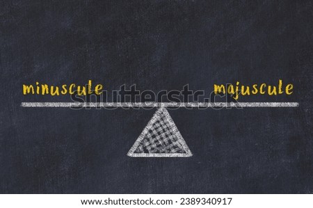Concept of balance between minuscule and majuscule. Black chalboard with sketch of scales and words on it