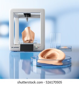 Concept of bioprinting of tissues and organs. Human ear and nose ready for transplantation to the patient. 3D illustration.