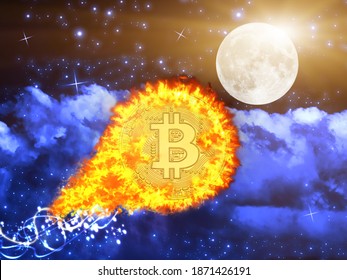 Concept Of Bitcoin Value Going To The Moon. Fire Bitcoin Hits An All-time High Price Record In November 2020. Cryptocurrency Coin In The Space. Virtual Money Exchange And Digital Gold, 3D Illustration