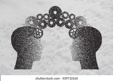 Concept of Brain storming, Knowledge sharing between to people head, this was shown through cogwheels transferring from one human brain to other. Particle divergent composition.