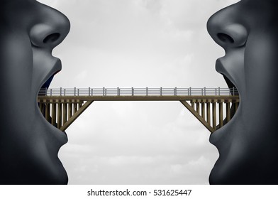 Concept of building bridges as two people with opem mouth as a bridge connect the two as a symbol for negotiaton or business agreement with 3D illustration elements.