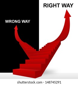 Concept of Business Solution Present By Right Way and Wrong Way Stairway in Black and White Background