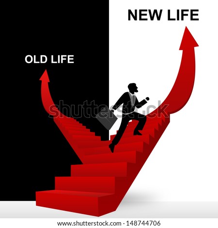 Concept of Business Solution Present By New Life and Old Life Stairway With The Businessman Step Up to Top of The Arrow in Black and White Background