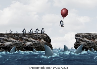 Concept of business solutions from risk of challenging market conditions as a success and innovative thinking metaphor to overcome fear and succeed with 3D illustration elements.