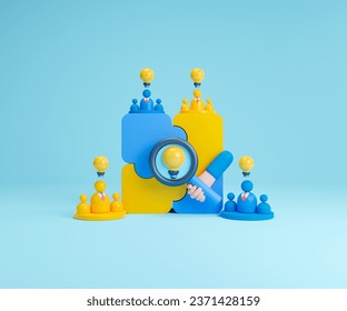 Concept of business teamwork, problem solving and brainstorm 3d illustration. Four pieces of puzzle with teamwork, light bulbs and magnifying glass 3d icon.