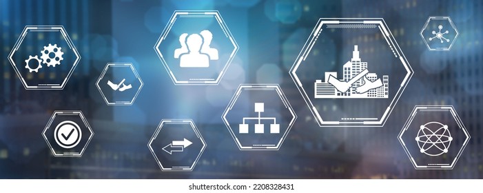 Concept Of Business Transition With Icons On Blurred Dark Background