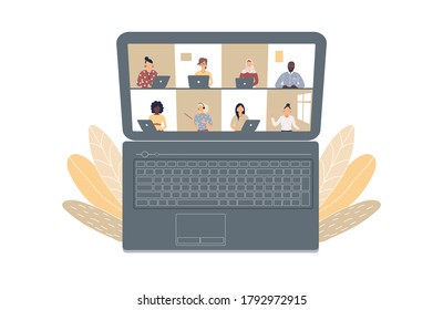 The concept of business videoconference,distance learning or online training during the virus epidemic.Laptop with a lot of open windows on Internet page with different people.Raster illustration - Powered by Shutterstock