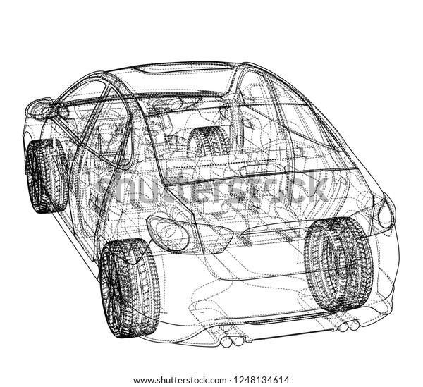 Concept car. 3d illustration. Blueprint or\
Wire-frame style