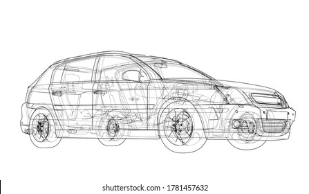 Concept Car. 3D Illustration. Wire-frame Or Outline Style