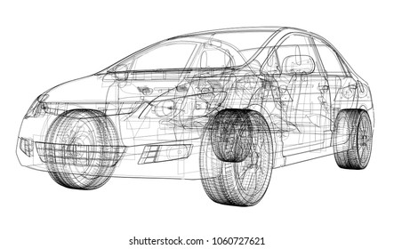 Concept Car Blueprint 3d Illustration Wireframe Stock Illustration ...