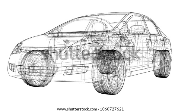 Concept\
car blueprint. 3d illustration. Wire-frame\
style