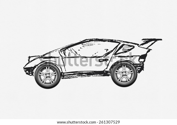 The concept of the car is drawn by hand with realistic\
wheels. 