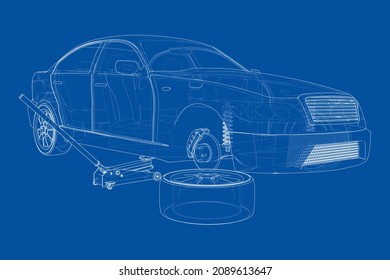 Concept car with Floor Car Jack. 3d illustration
