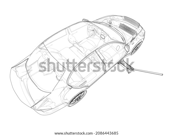 Concept car with\
Floor Car Jack. 3d\
illustration