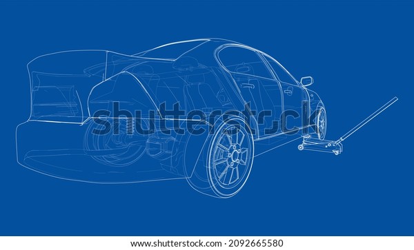Concept car with\
Floor Car Jack. 3d\
illustration