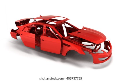 concept car painted red body and primed parts near isolated on white background 3d render