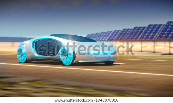 Concept car rides on the road, solar panels\
are in the background. 3d\
illustration