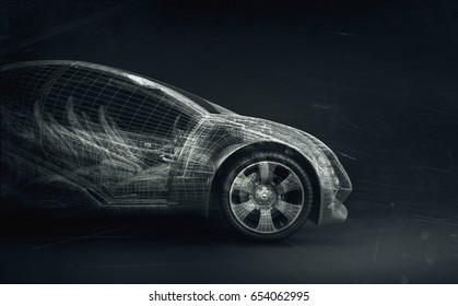 Concept Car Wireframe;  3d Illustration