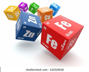 Concept Of Chemistry. Periodic Table Of Element On Cubes 3d