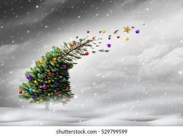 Concept Of Christmas Holiday Stress Or Winter Blizzard Storm As A Christmas Tree Getting Blown Away By Strong Extreme Weather Winds With Ornaments Flying With 3D Illustration Elements.