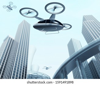 Concept Of City Air Passenger Transport. Futuristic Drone Taxi. Technologies Of The Future. 3d Rendering Illustration