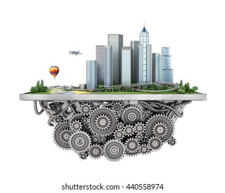 Concept of city. City on the gears mechanism on a white background. 3d illustration
