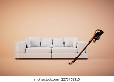 the concept of cleaning the living room. a sofa and a washing vacuum cleaner on a pastel background. 3D render. - Powered by Shutterstock