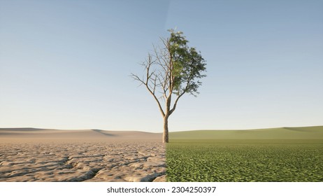 The concept of climate has changed. Half alive and half dead tree standing at the crossroads. Save the environment.