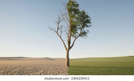 The concept of climate has changed. Half alive and half dead tree standing at the crossroads. Save the environment.