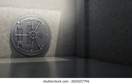 A Concept Of A Closed Heavy Metal Walk In Bank Vault Ina Concret Chamber Spotlit By An Overhead Light - 3D Render