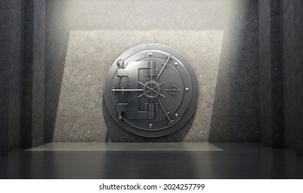 A Concept Of A Closed Heavy Metal Walk In Bank Vault Ina Concret Chamber Spotlit By An Overhead Light - 3D Render