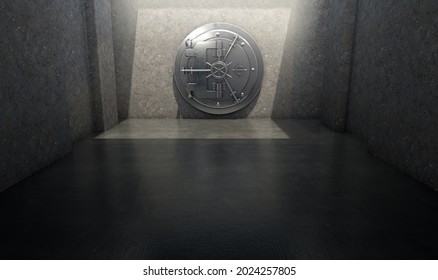 A Concept Of A Closed Heavy Metal Walk In Bank Vault Ina Concret Chamber Spotlit By An Overhead Light - 3D Render