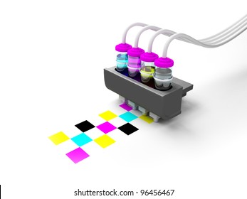 Concept Cmyk Model. Print Cartridge With Ink In Glass Bottles On A White Background