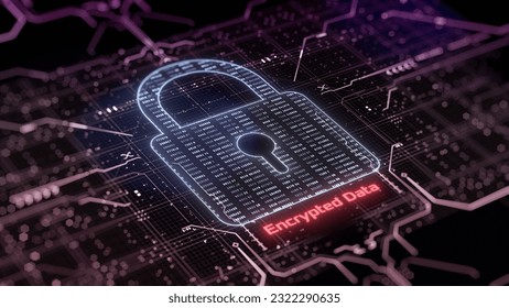 concept of computer security, data protection and encryption, cloud services security padlock with abstract code and futuristic hud (3d render)