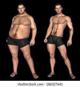 Concept or conceptual 3D fat overweight vs slim fit with muscles young man on diet isolated on black background, metaphor weight loss, body, fitness, obesity, health, healthy, male, dieting or shape
